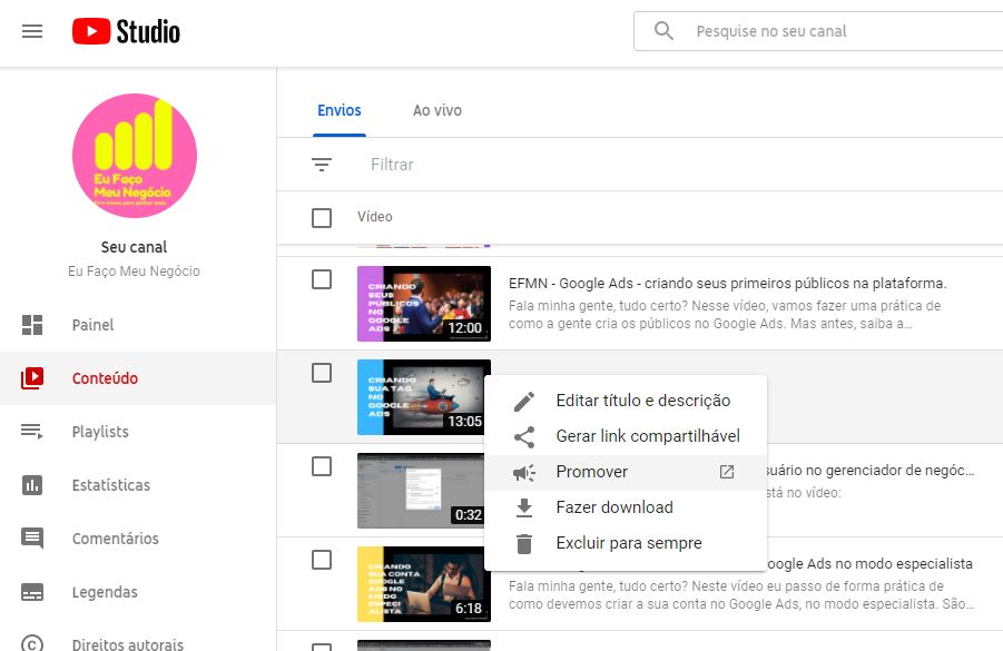 canal do youtube do seu negócio