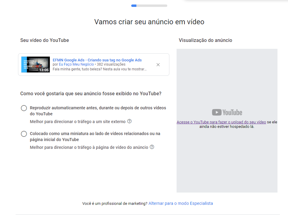 escolhendo a opção do anúncio no Google Ads modo smart