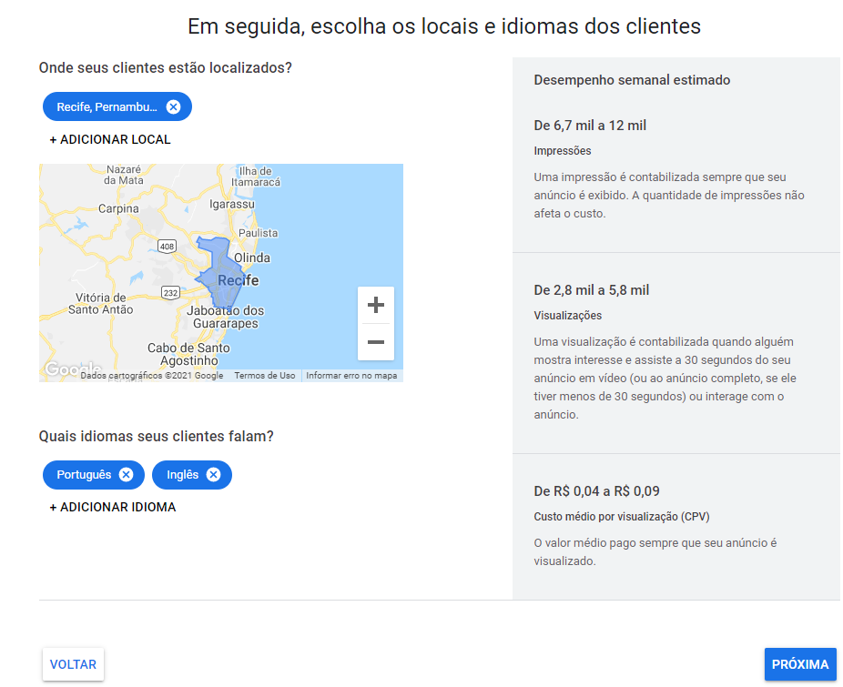 selecionando a localização do anúncio no Google Ads modo smart