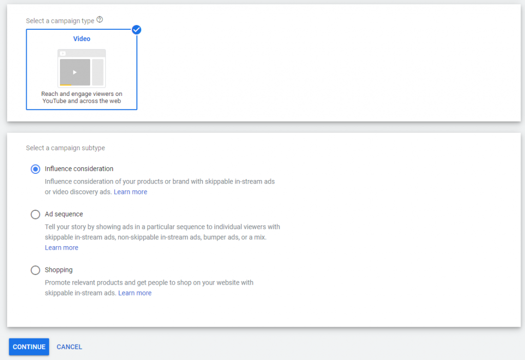 subtipo de campanha no youtube